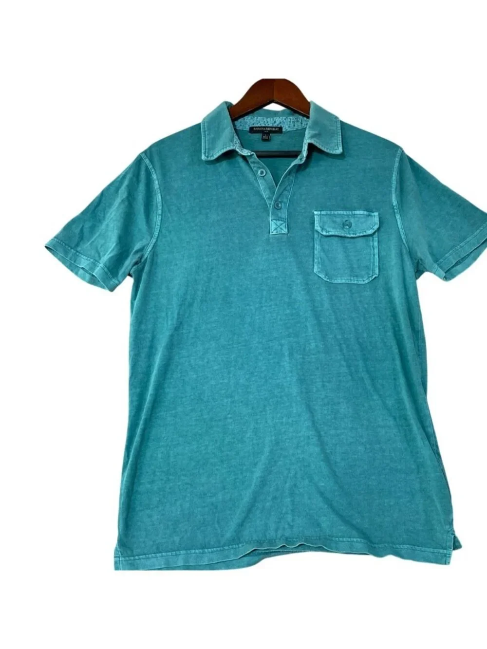 Banana Republic Men's L Teal Distresses Polo Shirt Cotton Button Pocket C0969